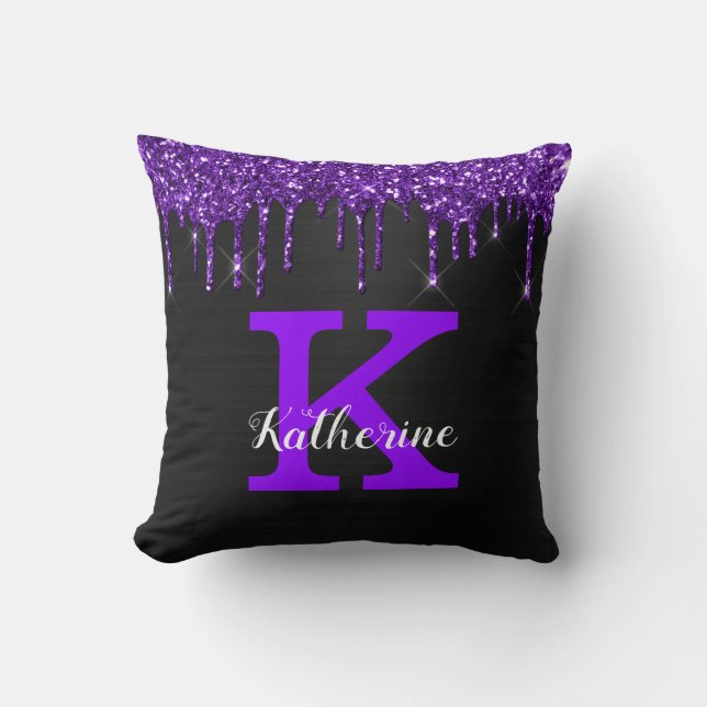 Girly Black Purple Glitter Drips Monogram Name Throw Pillow (Front)