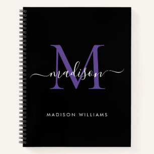 Girly Black Purple Violet Monogram Script Name Notebook