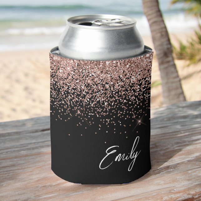 Girly Black Rose Gold Blush Pink Glitter Monogram Can Cooler (Creator Uploaded)