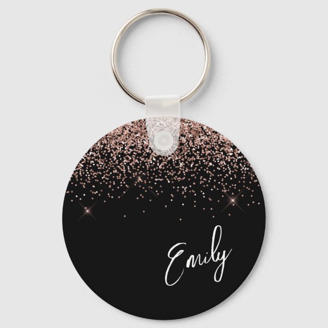 Girly Black Rose Gold Blush Pink Glitter Monogram Keychain (Front)