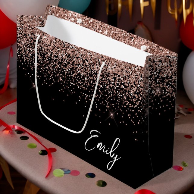 Girly Black Rose Gold Blush Pink Glitter Monogram Large Gift Bag (Creator Uploaded)