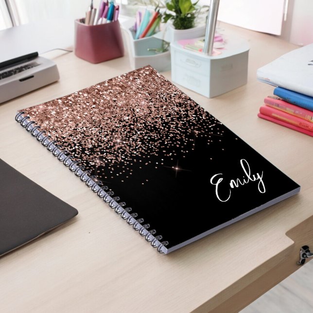 Girly Black Rose Gold Blush Pink Glitter Monogram Notebook (Creator Uploaded)