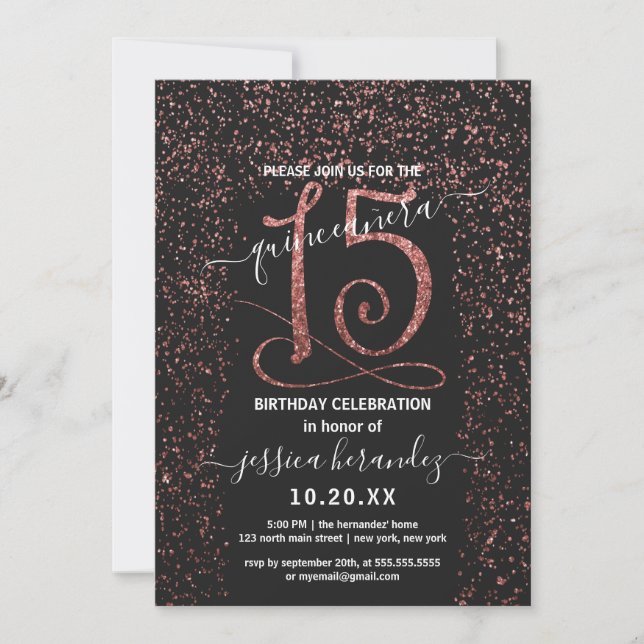 Girly Black Rose Gold Confetti Border Quinceañera Invitation (Front)