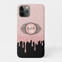 Girly Black Rose Gold Glitter Drips Monogram