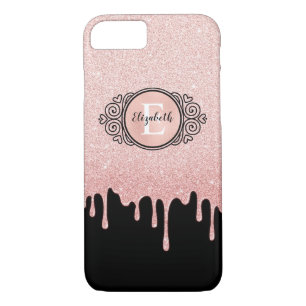 Girly Black Rose Gold Glitter Drips Monogram Case-Mate iPhone Case