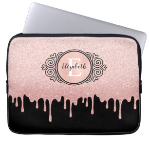 Girly Black Rose Gold Glitter Drips Monogram Laptop Sleeve