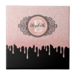 Girly Black Rose Gold Glitter Drips Monogram  Tile<br><div class="desc">A girly black and rose gold glitter drips ceramic tile with an elegant scroll monogram. Personalize it for yourself or for a gift! Designed for you by Blackberry Boulevard.</div>