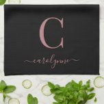 Girly Black Rose Gold Modern Monogram Name Kitchen Towel<br><div class="desc">Chic Elegant Pink Rose Gold Monogram Script on a chic Black Kitchen Towel. Easy to customize with your own name and details. Perfect for your luxury lifestyle! Please contact us at cedarandstring@gmail.com if you need assistance with the design or matching products.</div>
