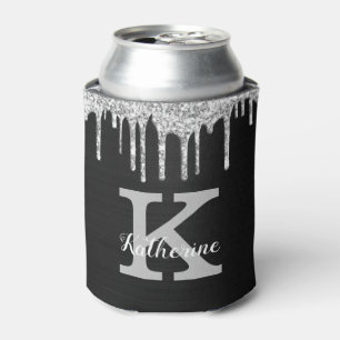 Girly Black Silver Glitter Drips Monogram Name Can Cooler