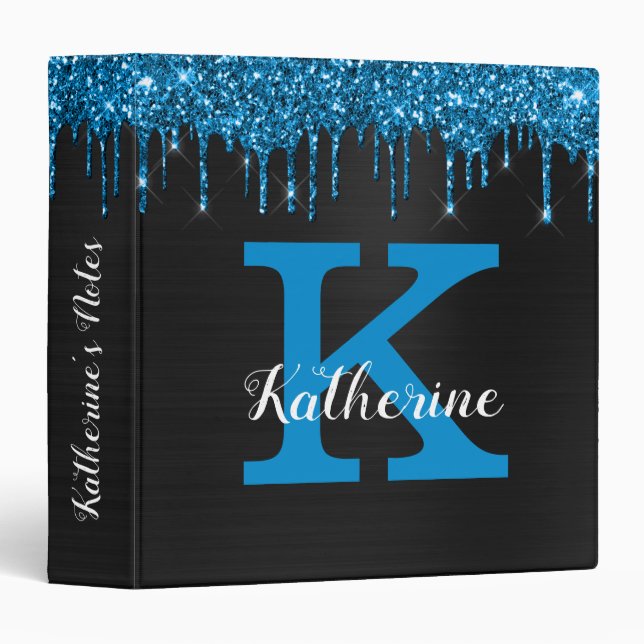 Girly Black Teal Blue Glitter Drips Monogram Name Binder (Front/Spine)