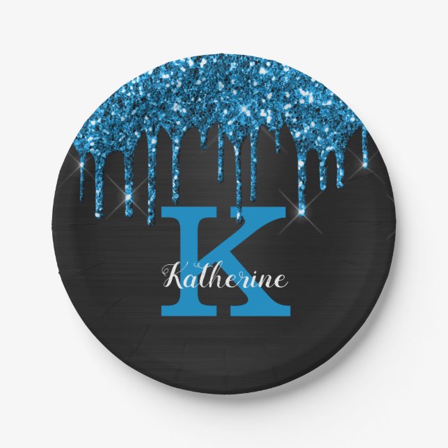 Girly Black Teal Blue Glitter Drips Monogram Name Paper Plate (Front)