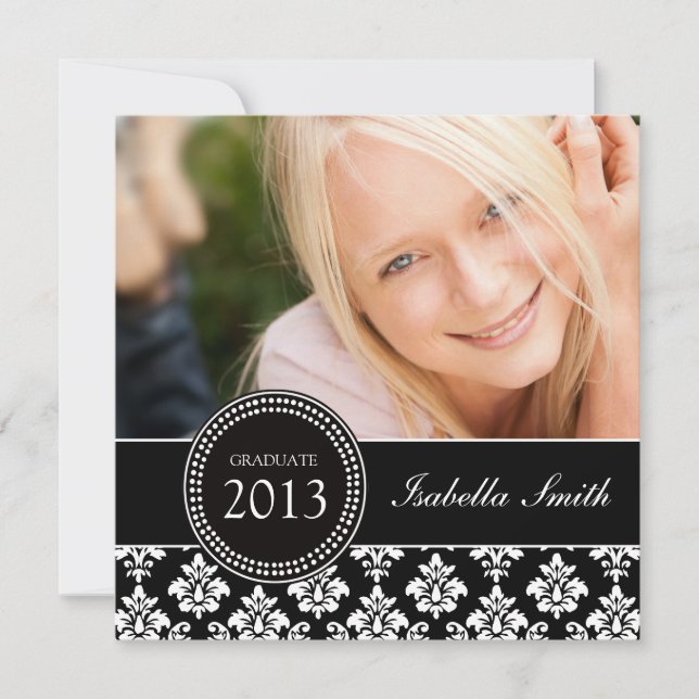 GIRLY BLACK WHITE DAMASK GRADUATE PARTY INVITATION (Front)