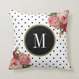 Girly Black White Dots Vintage Floral Monogram Throw Pillow