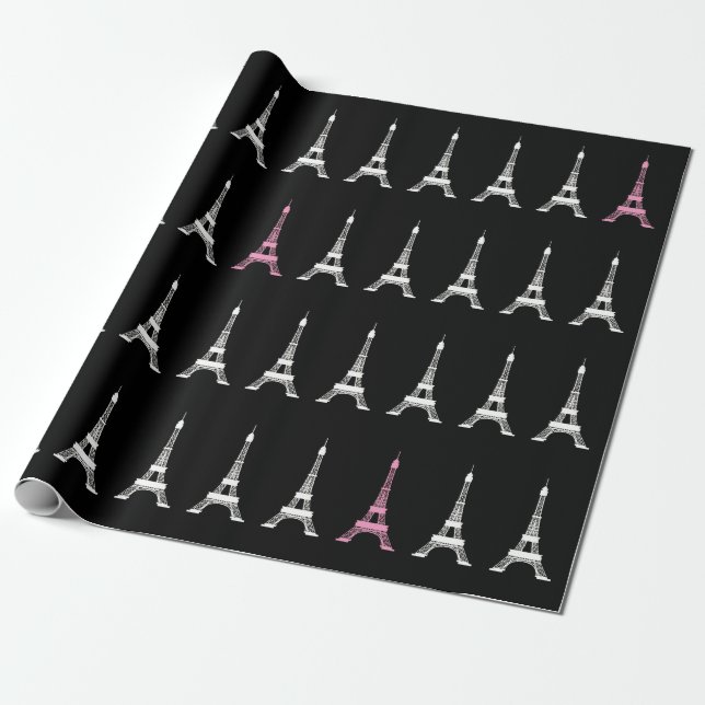 Girly Black White, Pink French Style Eiffel Towers Wrapping Paper (Unrolled)