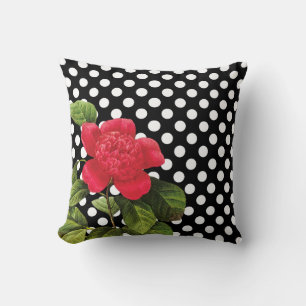 Girly Black White Polka Dots Red Camellia Flower Throw Pillow