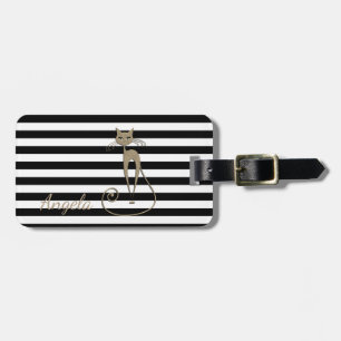 Girly, Black, White Stripes,Glittery Cat Luggage Tag