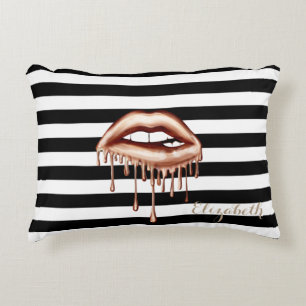 Girly Black White Stripes  Metallic Dripping Lips Accent Pillow
