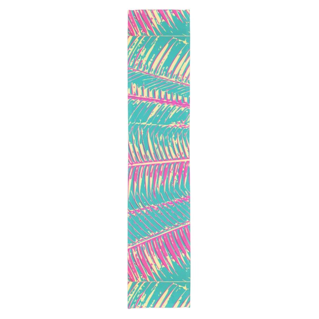 Girly Blue and Pink Tropical Palm Fronds Short Table Runner (Front)