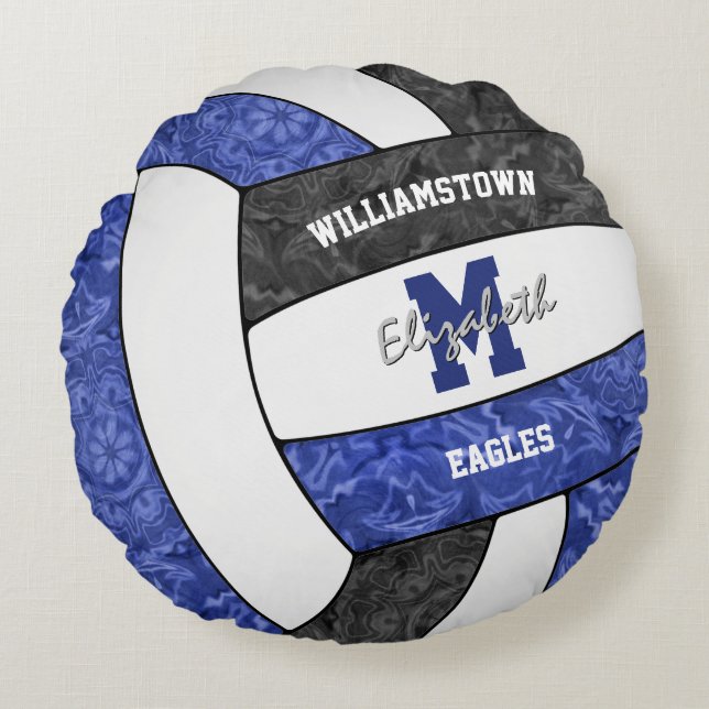 girly blue black volleyball team colours round pillow (Front)