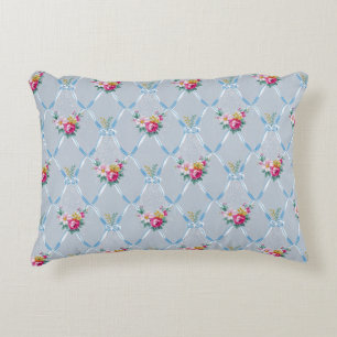 Girly Blue Bows Pretty Pink Rose Floral Pattern Accent Pillow