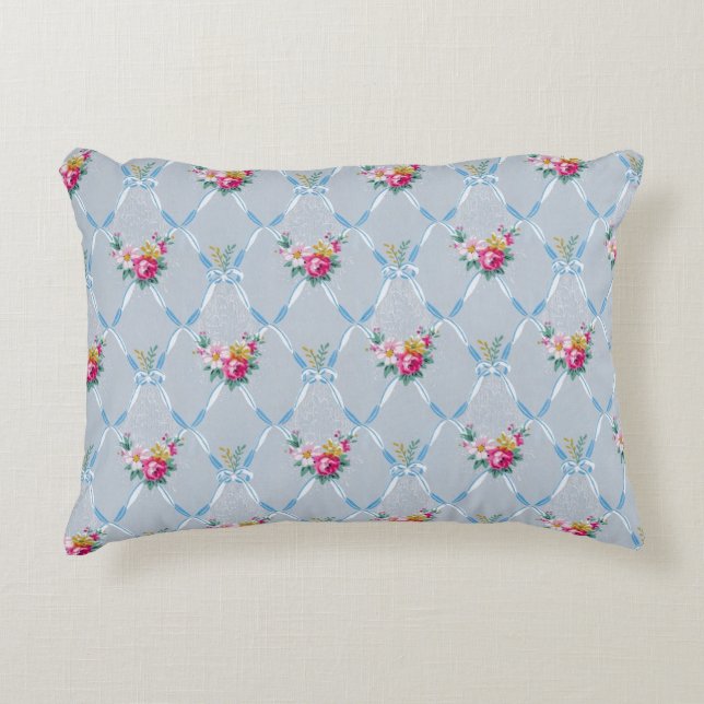 Girly Blue Bows Pretty Pink Rose Floral Pattern Accent Pillow (Front)