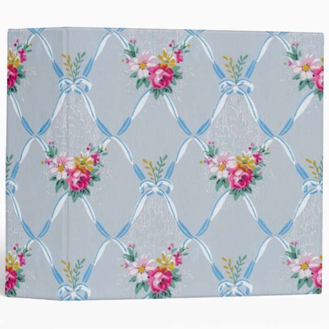 Girly Blue Bows Pretty Pink Rose Floral Pattern Binder (Front/Spine)