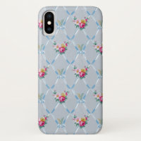 Girly Blue Bows Pretty Pink Rose Floral Pattern