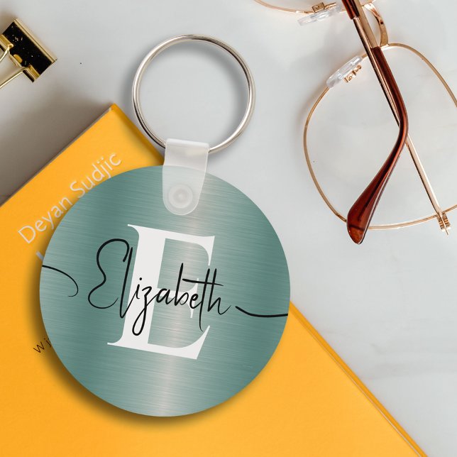 Girly Blue Brushed Metal Monogram and Script Name Keychain (Creator Uploaded)