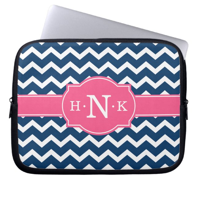 Girly Blue Chevron Pink Monogram Laptop Sleeve (Front)
