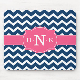 Girly Blue Chevron Pink Monogram Mouse Pad