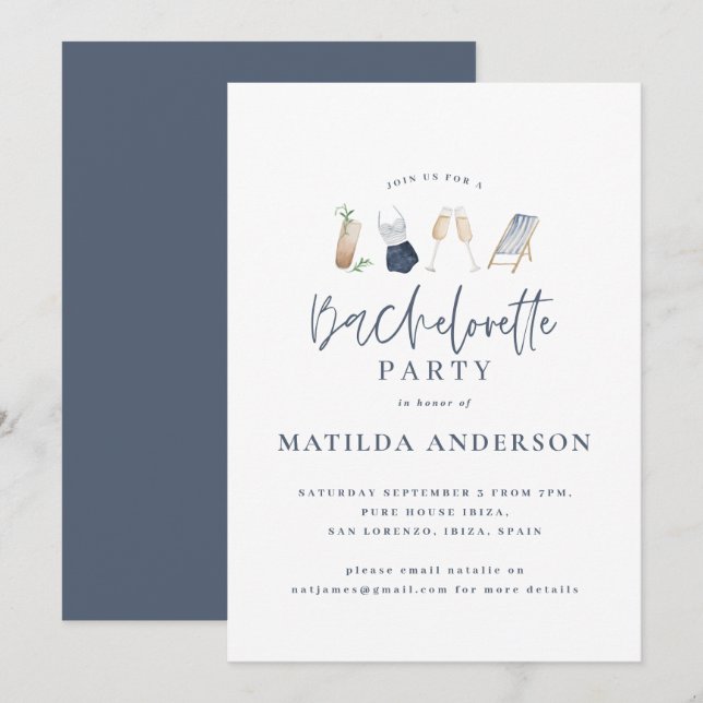 Girly blue drink bachelorette party modern stylish announcement (Front/Back)