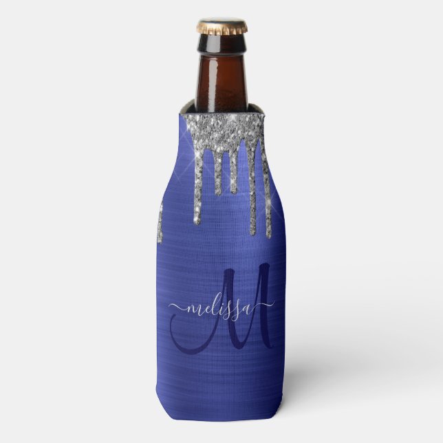 Girly Blue Dripping Glitter Brush Metal Monogram Bottle Cooler (Bottle Front)