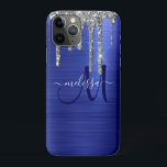 Girly Blue Dripping Glitter Brush Metal Monogram iPhone 11 Pro Case<br><div class="desc">Add a touch of glam to your cell phone with this elegant personalized phone case. This chic design template features a modern navy blue script monogram with a name in grey on a background of cobalt blue brushed metallic texture with a top border of faux silver dripping glitter. A unique...</div>