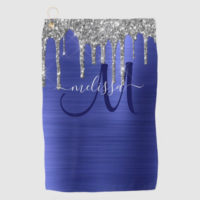 Girly Blue Dripping Glitter Brush Metal Monogram Golf Towel (Front)