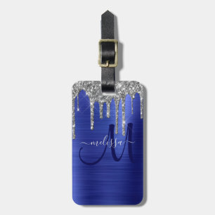 Girly Blue Dripping Glitter Brush Metal Monogram Luggage Tag