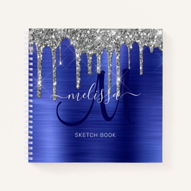 Girly Blue Dripping Glitter Brush Metal Monogram Notebook (Front)