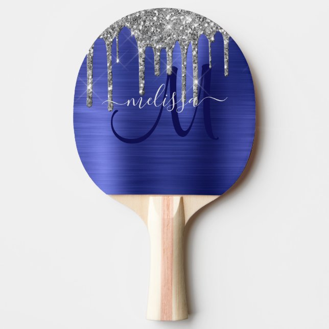 Girly Blue Dripping Glitter Brush Metal Monogram Ping Pong Paddle (Front)