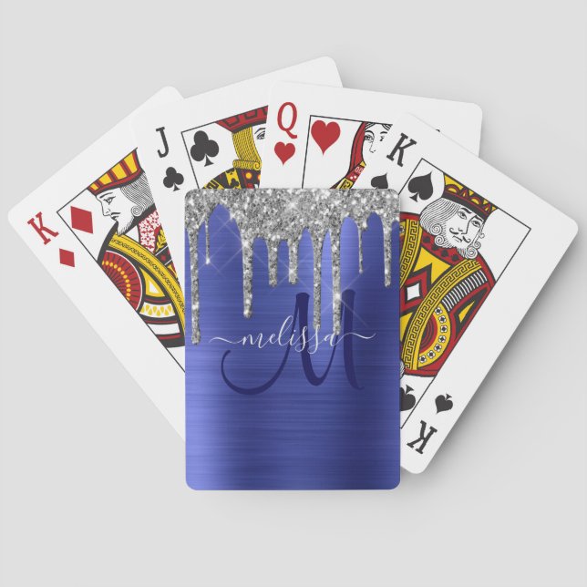 Girly Blue Dripping Glitter Brush Metal Monogram Playing Cards (Back)