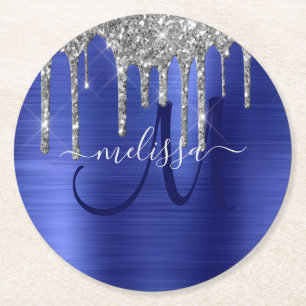 Girly Blue Dripping Glitter Brush Metal Monogram Round Paper Coaster