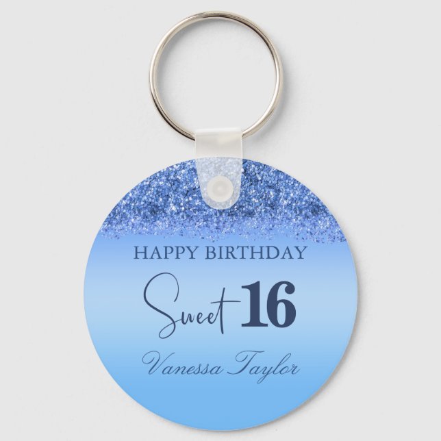 Girly Blue Faux Glitter Sparkly Sweet 16 Birthday Keychain (Front)
