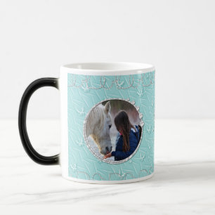 Girly Blue Faux Sparkly Two Photo Heart Accent Magic Mug