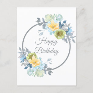 Girly Blue Floral Wreath Birthday Postcard