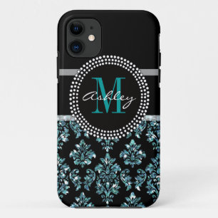 Girly Blue Glitter Black Damask Personalized iPhone 11 Case