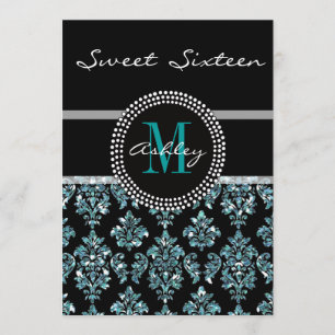 Girly Blue Glitter Black Damask Personalized Party Invitation