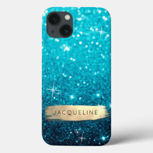 Girly Blue Glitter n Gold Brush Stroke Stars Name iPhone 13 Case