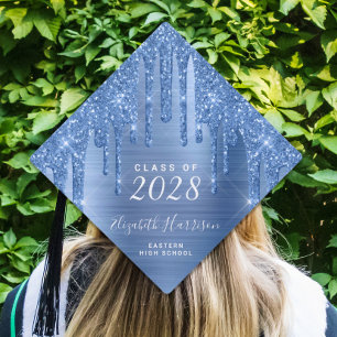 Girly Blue Glitter Personalized Graduation Cap Top