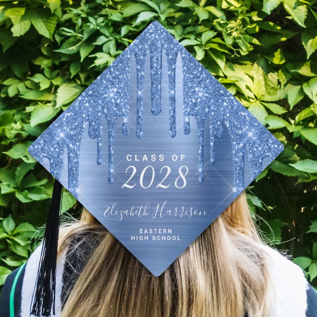 Girly Blue Glitter Personalized Graduation Cap Top (Creator Uploaded)
