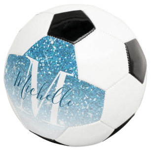 Girly Blue Glitter Sparkles Monogram Script Name Soccer Ball