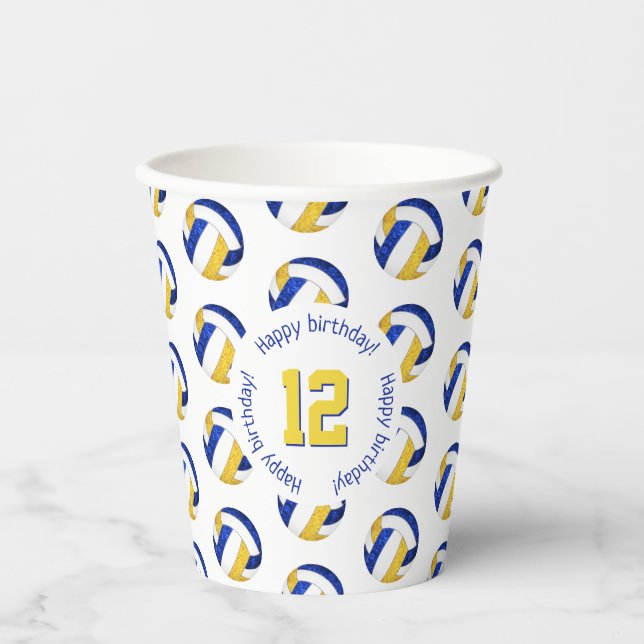 girly blue gold volleyballs birthday party paper cups (Front)