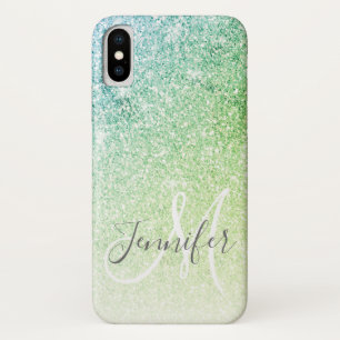 Girly Blue Green Glitter Blush Monogram Name Case-Mate iPhone Case